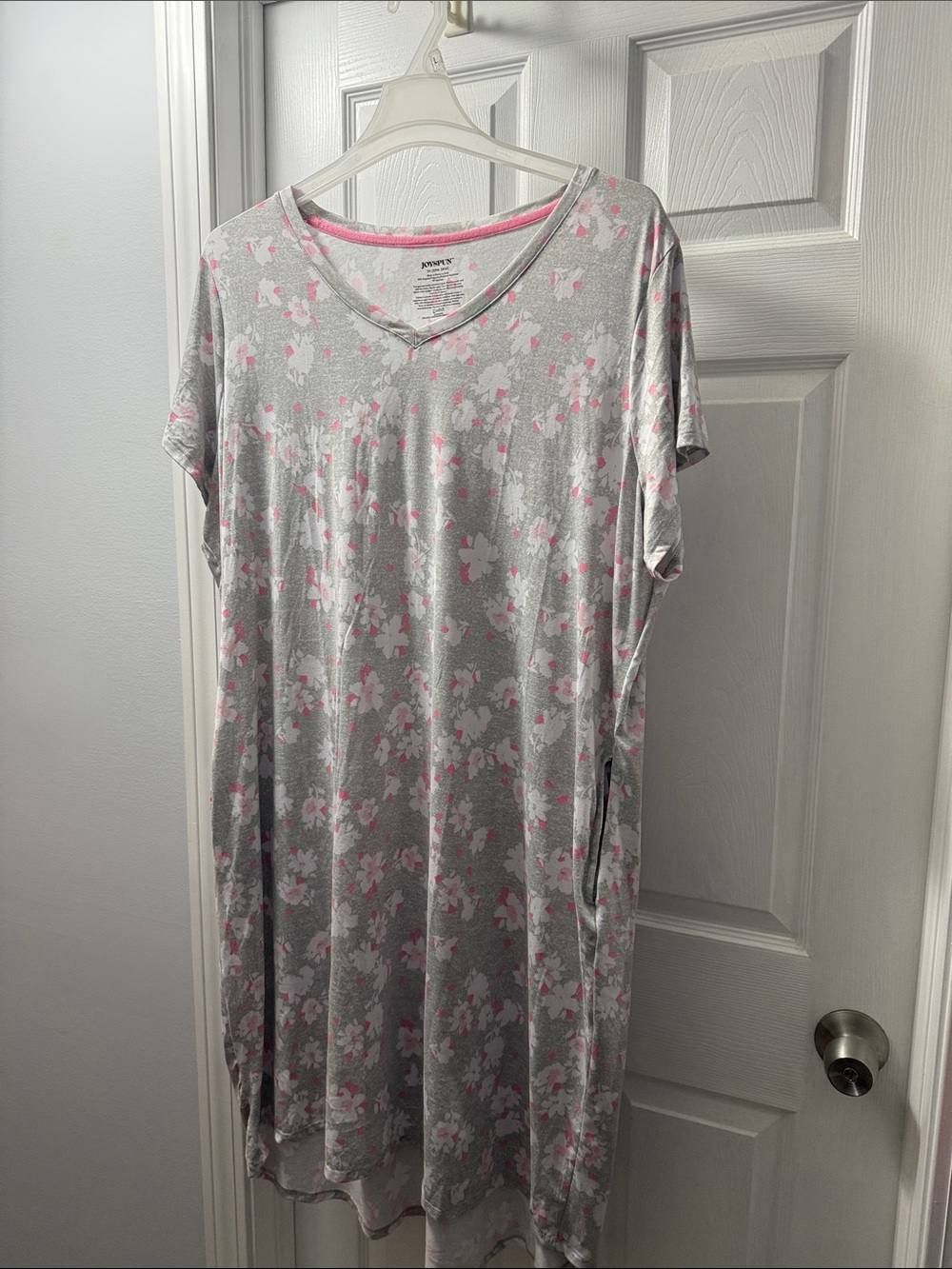 Soft Gray & Pink Floral Short Sleeve Nightdress - Relaxed Sleep Shirt